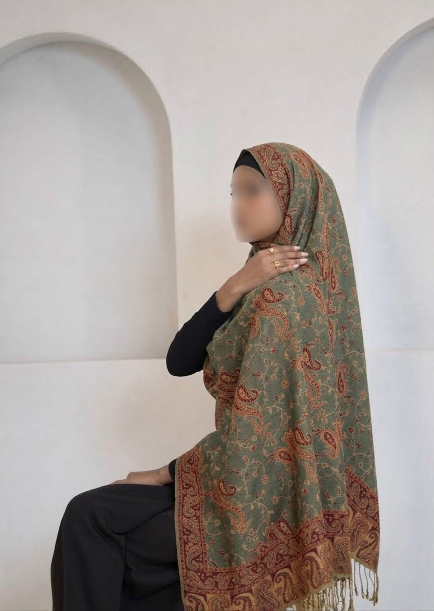 Sajora Special Avocado Green + Orange Pashmina